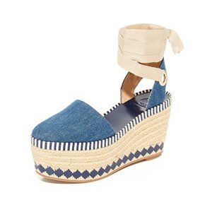 Tory Burch Denim Dandy Espadrille Wedge Ankle Tie Shoes